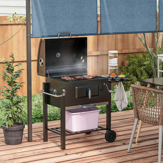 Grilio vežimėlis, medžio anglies grilis, BBQ pastatomas grilis, nerūdijančio plieno, juodas, 113x65x108 cm