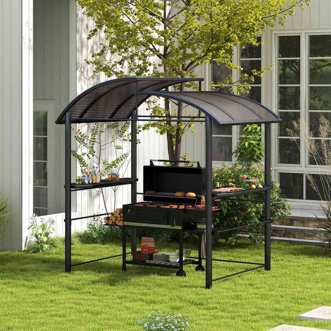 Grilio paviljonas, apsaugantis nuo liepsnos, stogas, kepsninės paviljonas, 2 lentynos, apsauga nuo UV spindulių, pergola, sodo balkonas, plienas, tamsiai pilkas, 240 x 150 x 230 cm