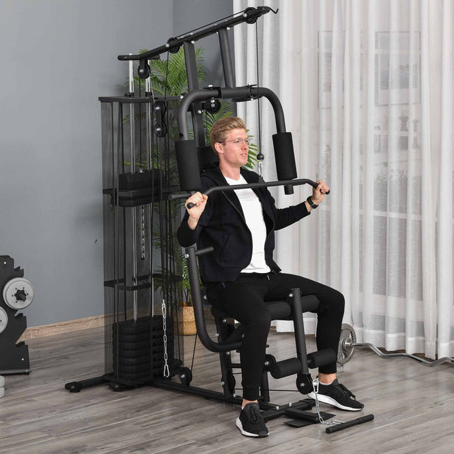 Sporto salė su svarmenimis, kojų lenkimu ir pritūpimais, metalas ir sintetinė oda, juoda