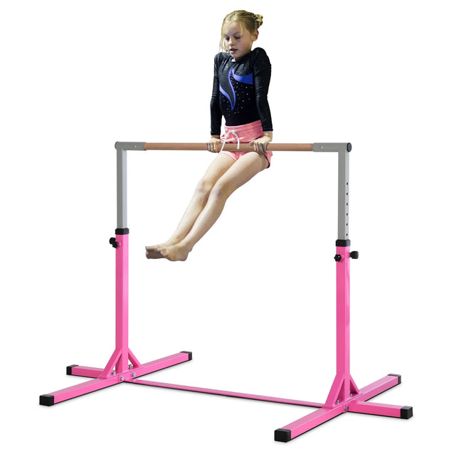 Gimnastikos štanga, 13 padėčių, reguliuojamo aukščio, iki 75 kg svorio sistema, treniruočių įranga, plienas, buko mediena, rožinė