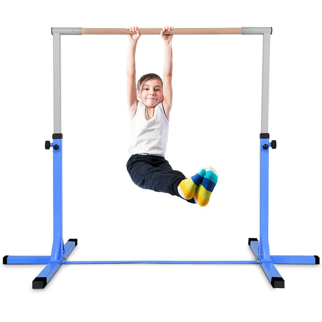 Gimnastikos gimnastikos skersinis, reguliuojamo aukščio, elastingas horizontalus skersinis, rožinė/mėlynai mėlyna