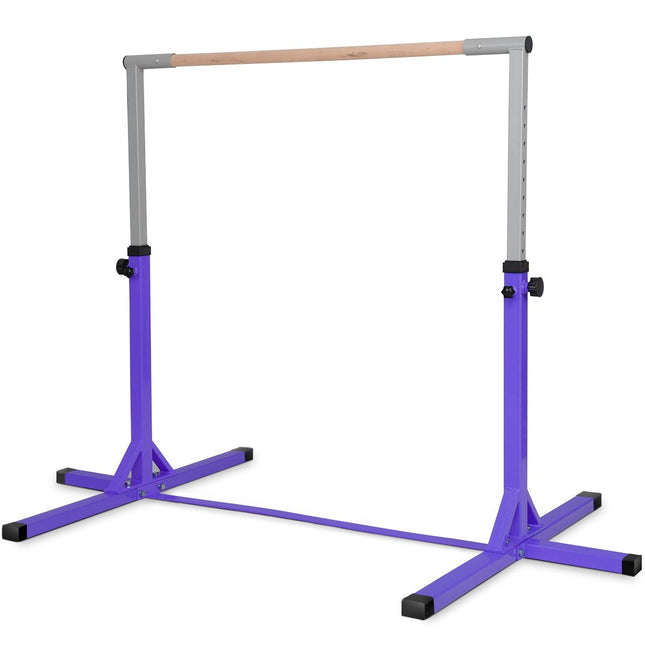 Gimnastikos gimnastikos skersinis, reguliuojamo aukščio, elastingas horizontalus skersinis, rožinė/mėlyna/violetinė-violetinė