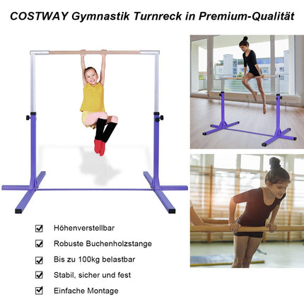 Gimnastikos gimnastikos skersinis, reguliuojamo aukščio, elastingas horizontalus skersinis, rožinė/mėlyna/violetinė-violetinė
