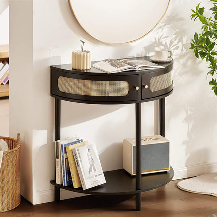 Half-Moon Rattan Console Table, 2 Drawers, Black