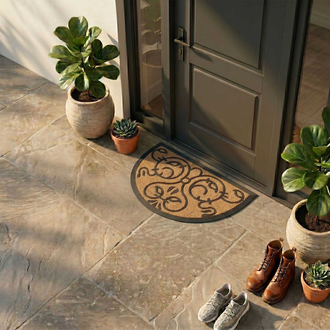 Half-Round Coir Doormat, Baroque Motifs, 60x40 cm