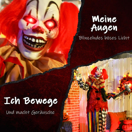 Helovino animatroninis klounas, 173 cm, šviečiančios akys