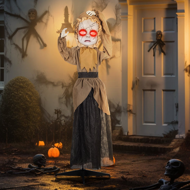 Helovino animatroninis butaforija, šokinėjanti galva, raudonos akys