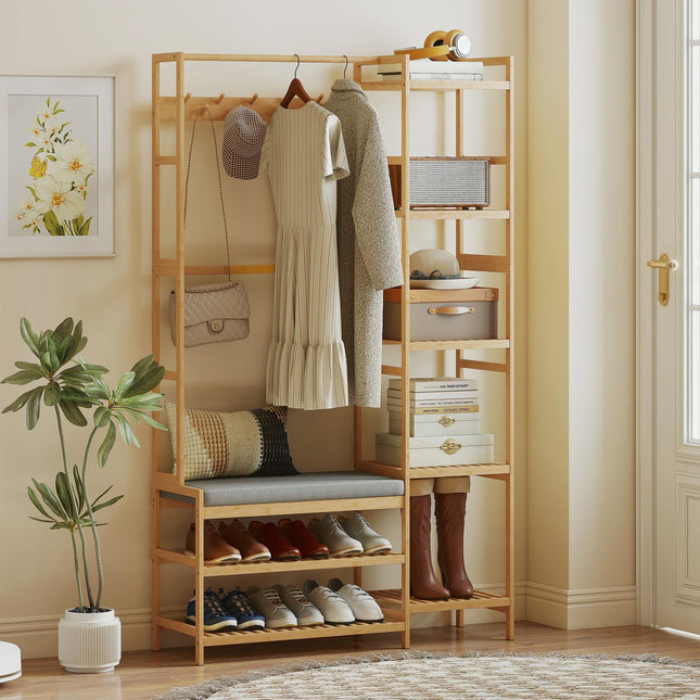 Prieškambario paltų kabykla su batų suolu ir kabliukais, bambukas