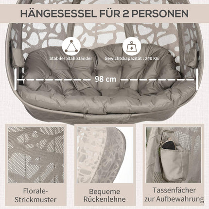 Pakabinama kėdė, dvivietė pakabinama kėdė su pagalvėle, pakabinamos sūpynės su sulankstomu sėdynės krepšiu, keliamoji galia iki 240 kg, poliesteris + plienas, smėlio spalvos
