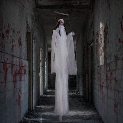 Hanging Halloween Girl Prop with Light-Up Eyes, Creepy Sounds, White Robe
