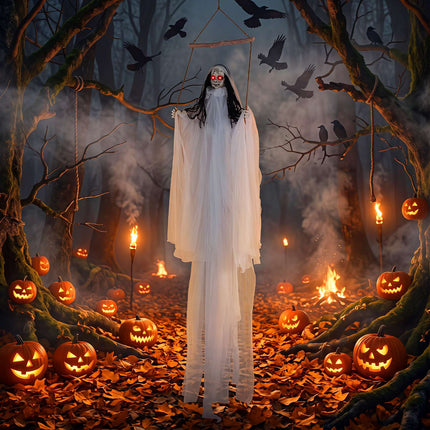Hanging Halloween Girl Prop with Light-Up Eyes, Creepy Sounds, White Robe
