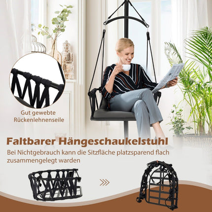 Pakabinama kėdė su rėmu. Sulankstoma pakabinama kėdė su patogiomis sėdynėmis ir nugaros pagalvėlėmis.