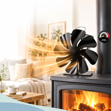 Heat-Powered Stove Fan with Flue Pipe Thermometer, 8 Blades, Black
