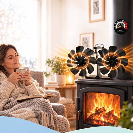 Heat-Powered Stove Fan with Twin Motor and Thermometer, 16 Blades, Black