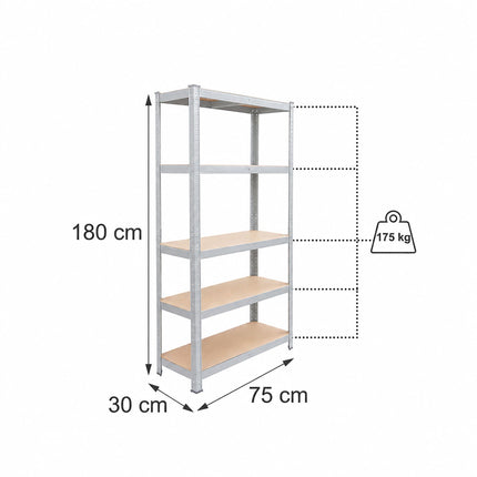Heavy-Duty Shelving Unit with 5 Adjustable Tiers, 175 kg per Tier, Grey