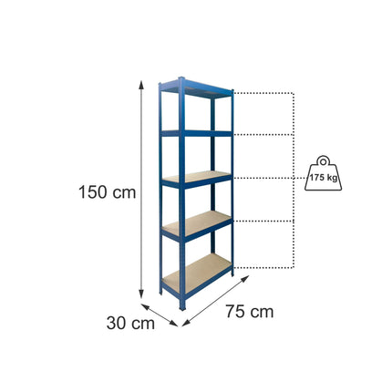 Heavy-Duty Steel Storage Rack with 5 Adjustable Shelves, 175 kg per Shelf, Blue