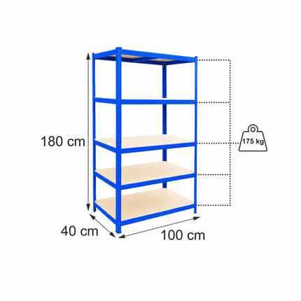 Heavy-Duty Steel Storage Rack with 5 Adjustable Shelves, 175 kg per Shelf, Blue