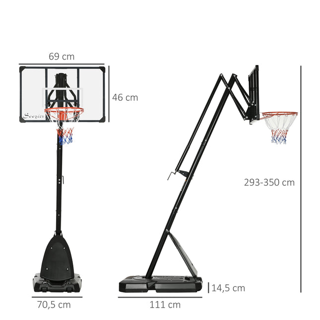 Reguliuojamo aukščio krepšinio stovas, 293-350 cm, su ratukais, plieninis krepšinio lentos stovas