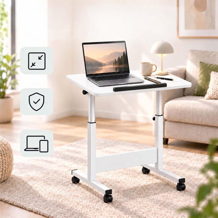 Height-Adjustable Laptop Desk on Castors, Tilting Top – White, 67-90 cm