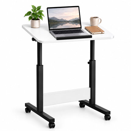 Height-Adjustable Laptop Desk on Castors, Tilting Top – White, Black Frame