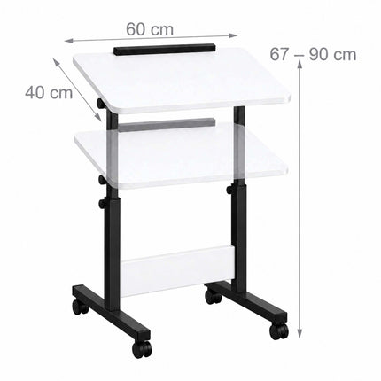 Height-Adjustable Laptop Desk on Castors, Tilting Top – White, Black Frame