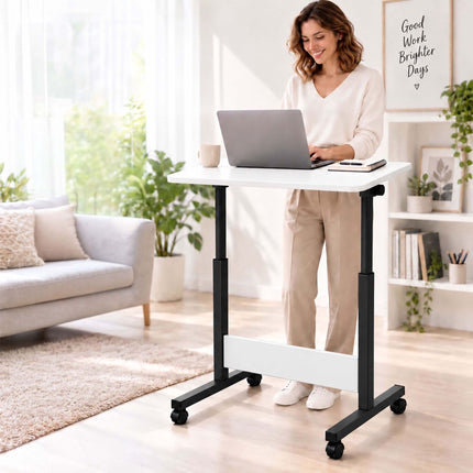 Height-Adjustable Laptop Desk on Castors, Tilting Top – White, Black Frame