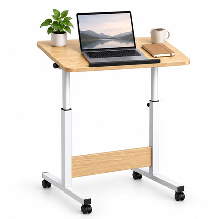 Height-Adjustable Laptop Table with Castors, Tilting Top – Light Wood/White