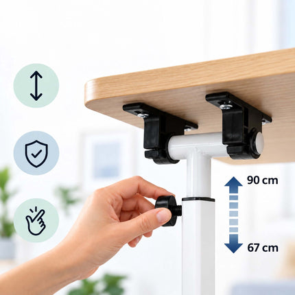 Height-Adjustable Laptop Table with Castors, Tilting Top – Light Wood/White