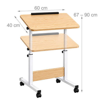 Height-Adjustable Laptop Table with Castors, Tilting Top – Light Wood/White