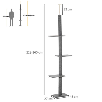 Reguliuojamo aukščio draskyklė-laipiojimo medis katėms, žaidimų medis, pilkas, 43x27x228-260 cm