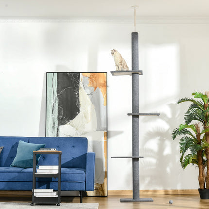 Reguliuojamo aukščio draskyklė-laipiojimo medis katėms, žaidimų medis, pilkas, 43x27x228-260 cm
