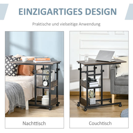 Height-Adjustable Side Table with Wheels and 2 Shelves, 80x40x72-82 cm, Brown