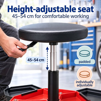 Height-Adjustable Workshop Stool with 4 Tool Compartments, Black/Red, 136 kg