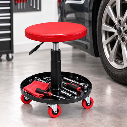 Height-Adjustable Workshop Stool with Tool Tray, 42–56 cm, Max 120 kg, Red