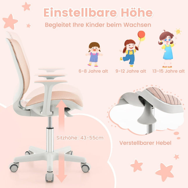 Reguliuojamo aukščio vaikiška pasukama kėdė su sėdynės stabdžiu Ergonomiška stalo kėdė Biuro kėdė Rožinė