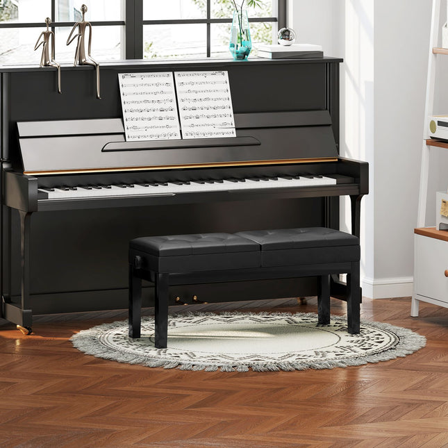 Reguliuojamo aukščio pianino suolas su vieta daiktams susidėti, pianino suolas, kurio keliamoji galia iki 220 kg, dirbtinė oda, juodas, 105 x 37 x 48-58 cm |