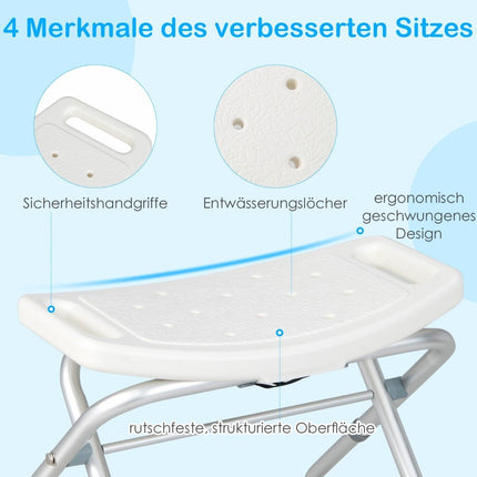 Reguliuojamo aukščio dušo kėdė su neslystančiomis guminėmis kojelėmis, 150 kg keliamoji galia, dušo suolas, baltas