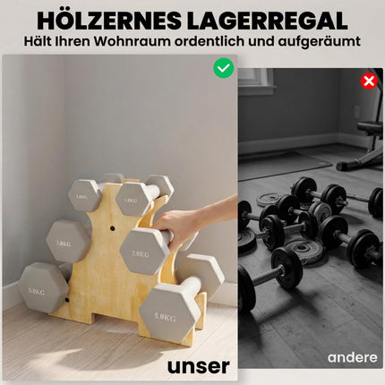 Šešiakampių hantelių rinkinys su mediniu stovu – 1 kg, 3 kg, 5 kg svoriai