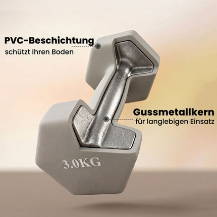 Šešiakampių hantelių rinkinys su mediniu stovu – 1 kg, 3 kg, 5 kg svoriai