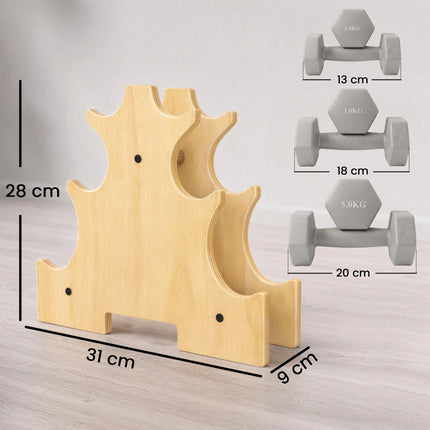 Šešiakampių hantelių rinkinys su mediniu stovu – 1 kg, 3 kg, 5 kg svoriai