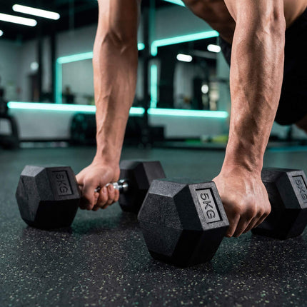Hex Dumbbells 5 kg Pair, Rubber-Coated Cast Iron, Non-Slip Handles
