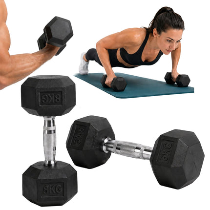 Hex Dumbbells 8 kg Pair, Rubber-Coated Cast Iron, Non-Slip Handles