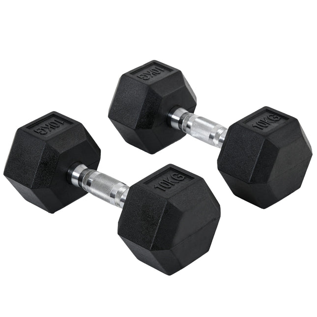 Šešiakampiai hanteliai, 2 vnt., 2 x 10 kg, ketaus, su guminiu dangteliu, juodi