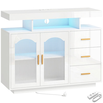 Blizgi balta komoda su LED, lizdais, 3 stalčiais