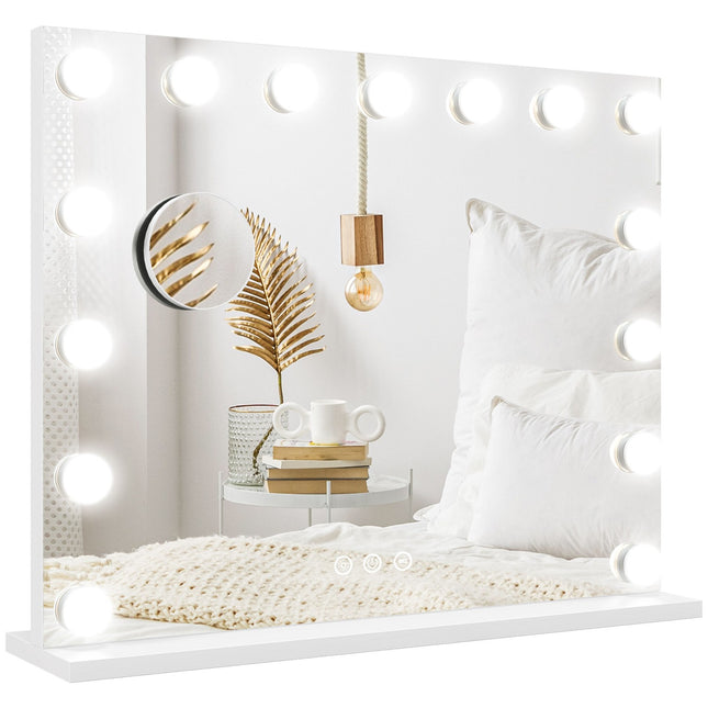 Holivudo veidrodis su apšvietimu 58x48cm 15 LED 3 apšvietimo režimai 10 kartų didinimas nešiojamas jutiklinis jungiklis USB įkrovimo prievadas baltas |.de