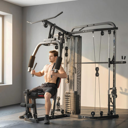Namų sporto stotis su 65 kg svoriais, tempimu, pamokslininko suoliuku