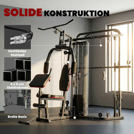 Namų sporto stotis su 65 kg svoriais, tempimu, pamokslininko suoliuku
