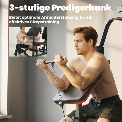Namų sporto stotis su 65 kg svoriais, tempimu, pamokslininko suoliuku