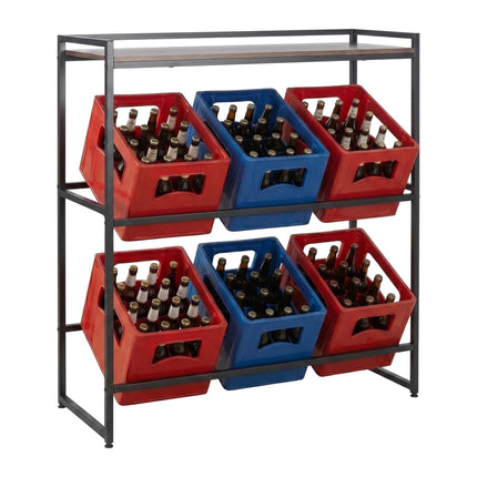 Pramoninis gėrimų dėžių stovas, 2 pakopų, metalas ir MDF, juodas/rudas