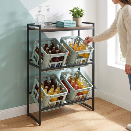 Pramoninis gėrimų dėžių stovas, 2 pakopų, metalas ir MDF, juodas/rudas